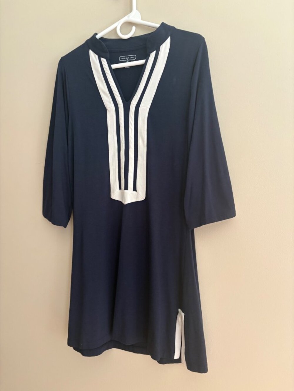 Duffield Lane Navy Tunic Dress Size Large White Trim 3/4 Sleeve Preppy Stretch - Picture 4 of 11